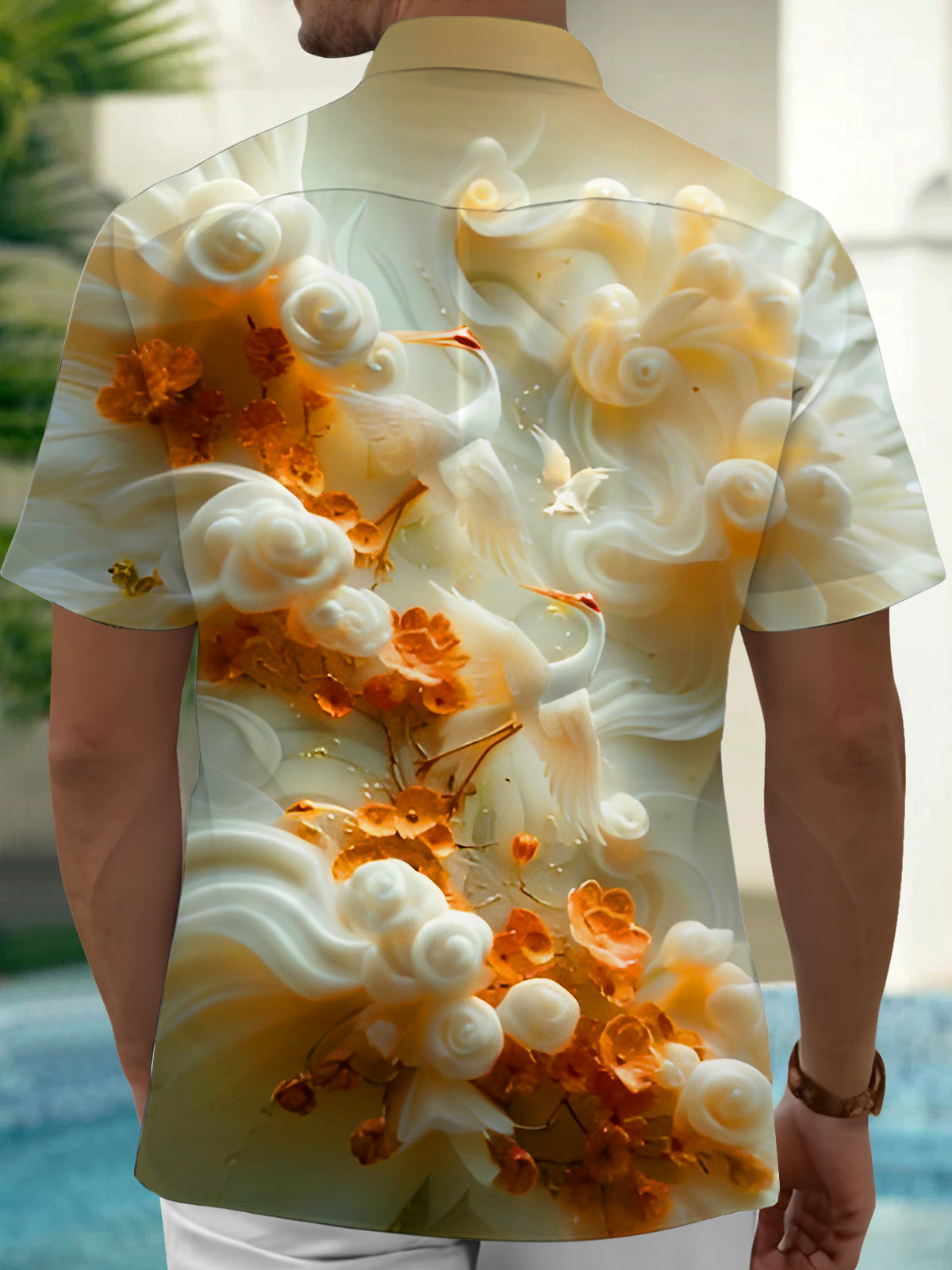 Crane Floral Art Relief Men's Pocket Short Sleeve Shirts