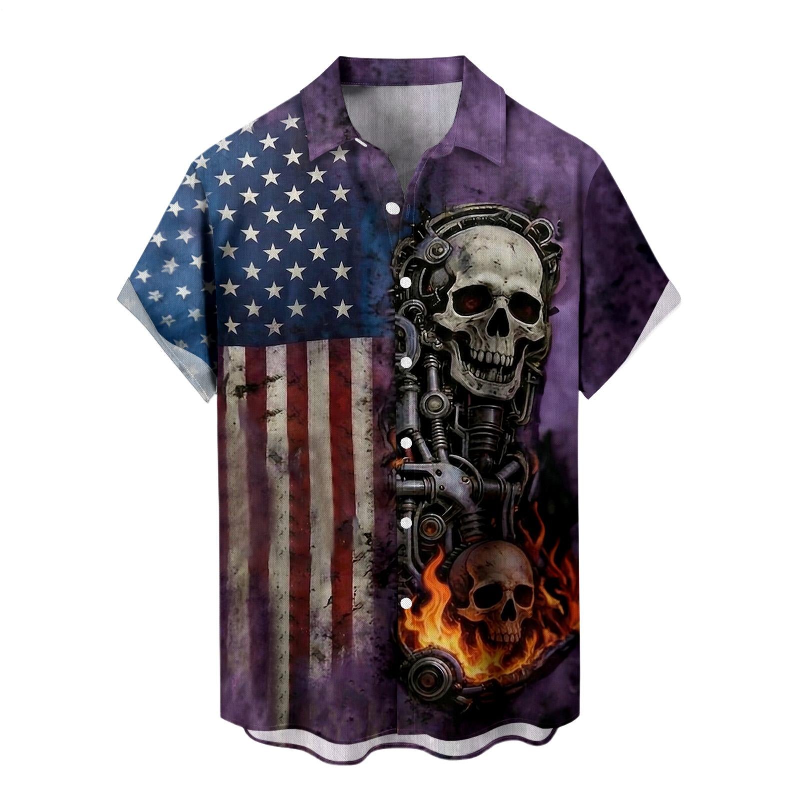 Men's American flag Hawaiian shirt lifestyle shot at Independence Day barbecue, short sleeve tropical summer vacation outfit.