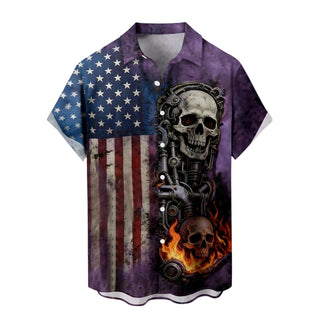 Men's American flag Hawaiian shirt lifestyle shot at Independence Day barbecue, short sleeve tropical summer vacation outfit.