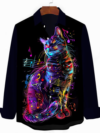 Men's cat musical notes print long sleeve shirt front view