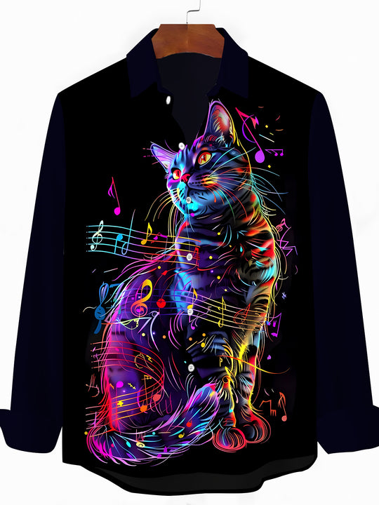 Men's cat musical notes print long sleeve shirt front view