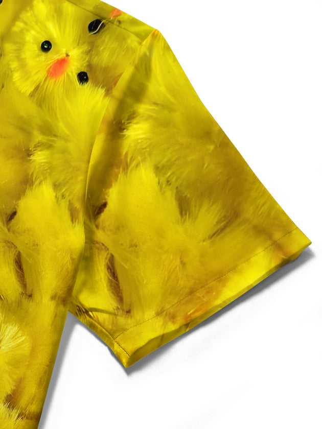 Men's chicken print short sleeve shirt detail close-up showing fabric texture