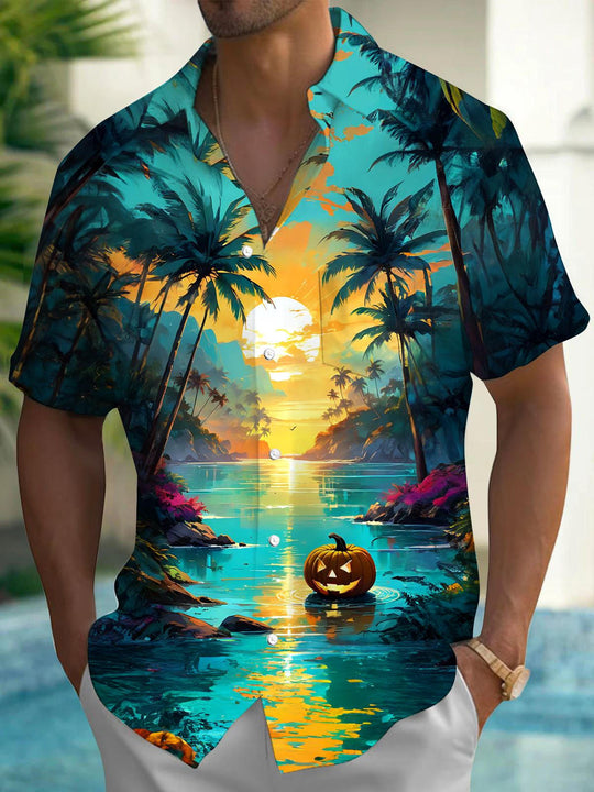 Men's Coconut Tree Pumpkin Print Short Sleeve Hawaiian Shirt Front View Halloween Costume