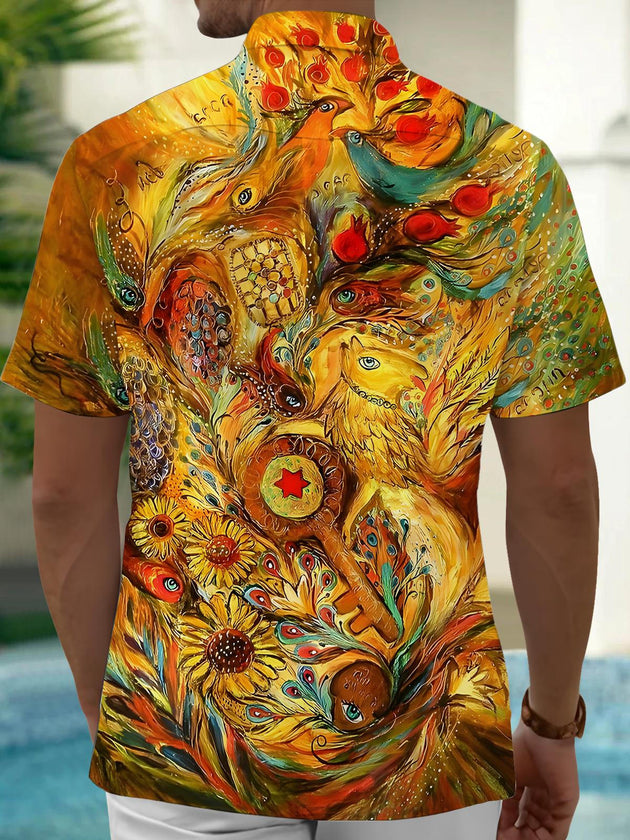 men's exotic bird pattern shirt side view