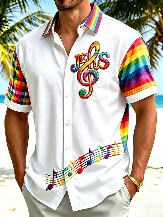 Pride Month Colorful Music Jesus Religious Men's Pocket Short Sleeve Shirts