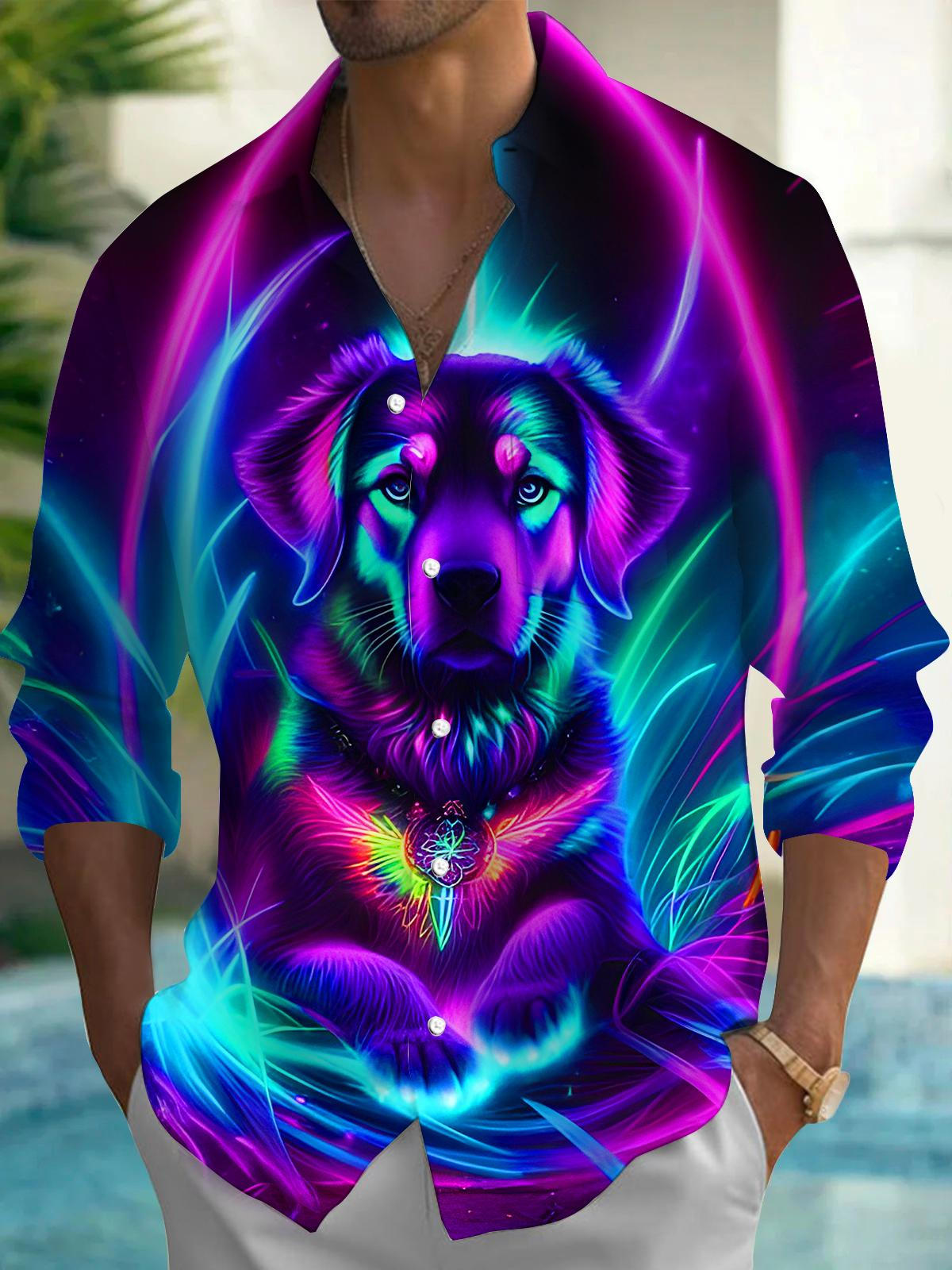 Neon Cyber Phantom Dog Men's Pocket Long Sleeve Shirts