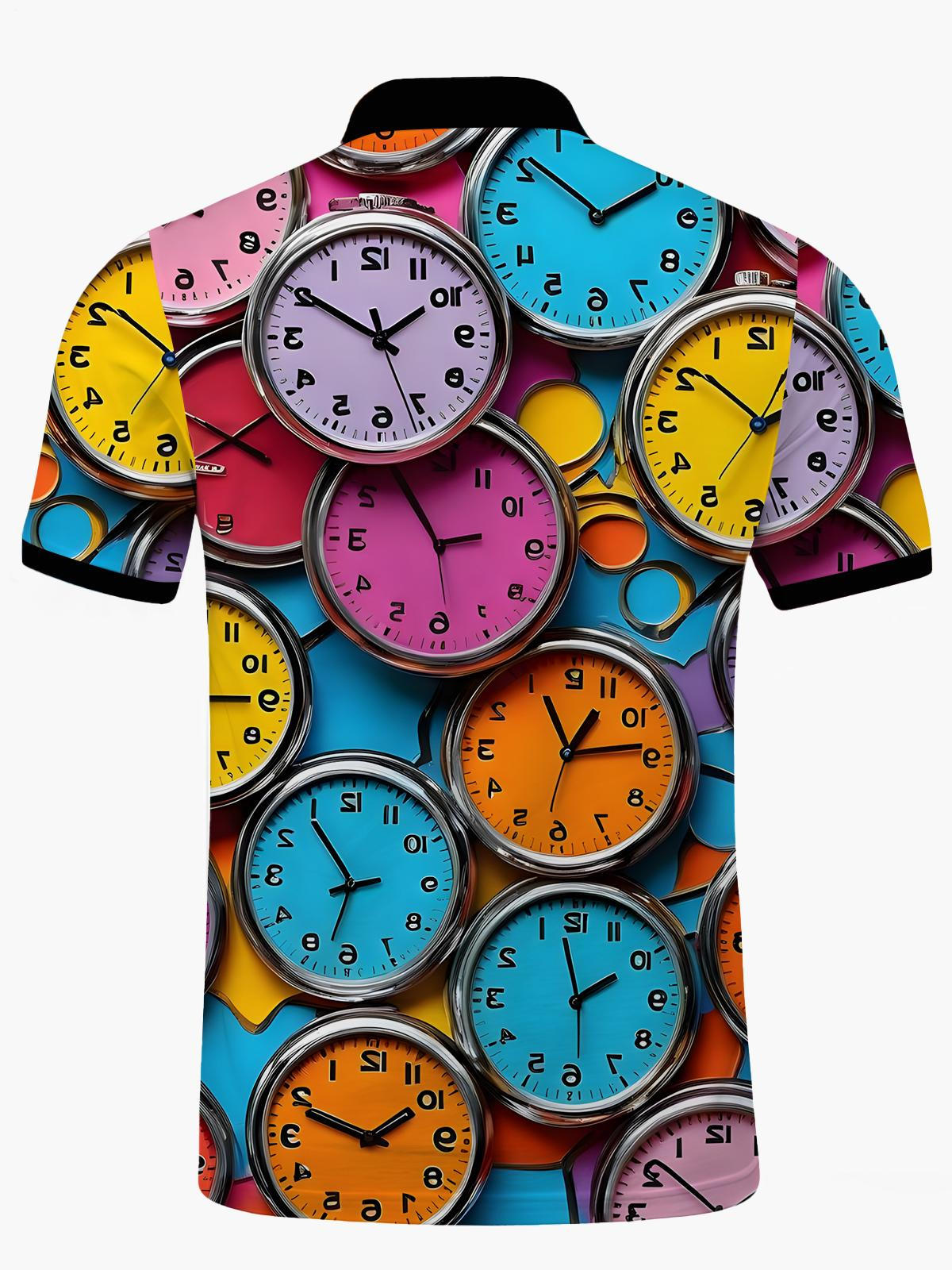 Clock Print Men's Short Sleeve Button Polo Shirt