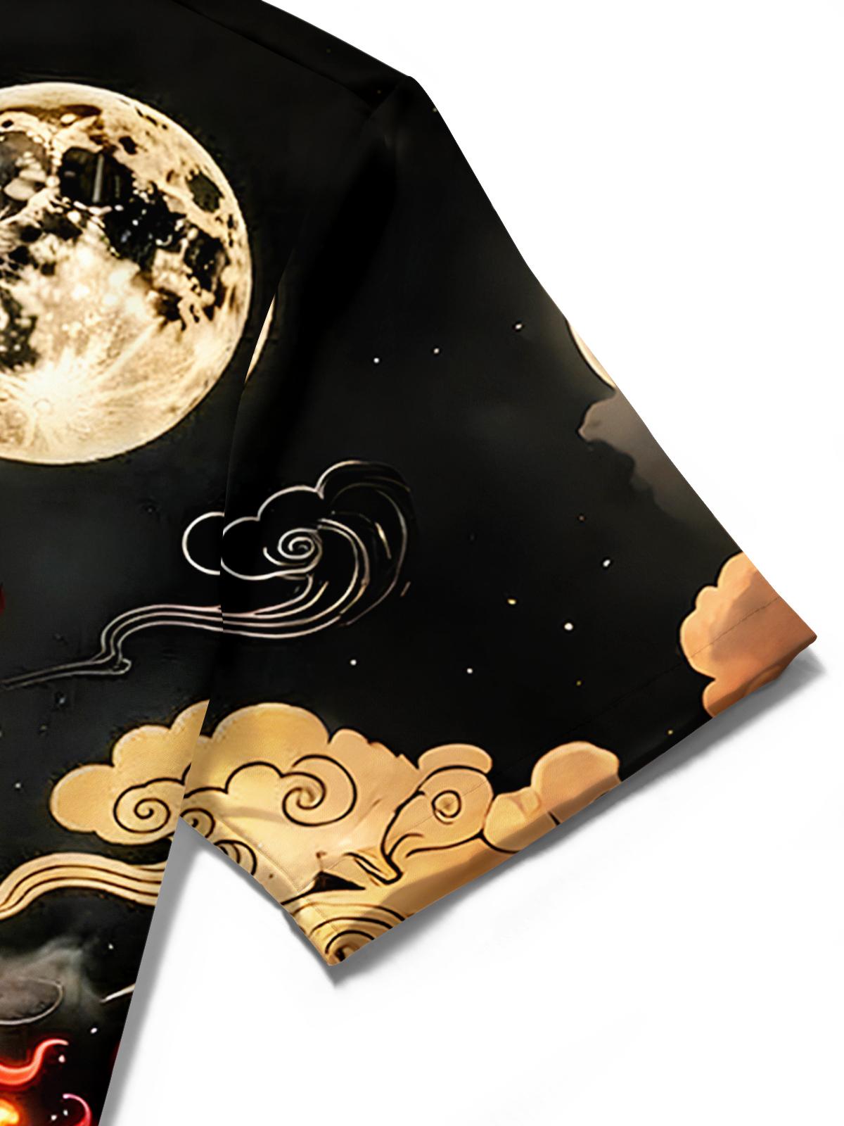 men's dragon print shirt close-up short sleeve