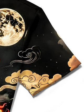 men's dragon print shirt close-up short sleeve