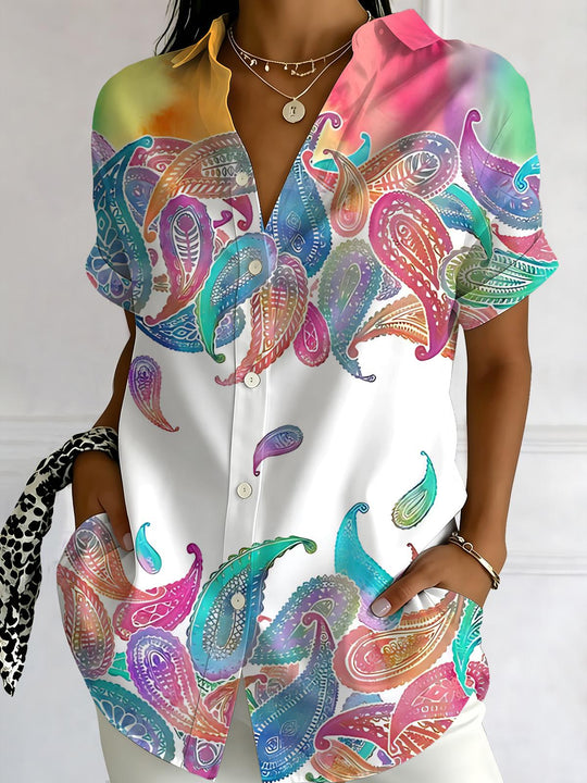 Colorful Gradient Paisley Print Women's Short Sleeve Shirts