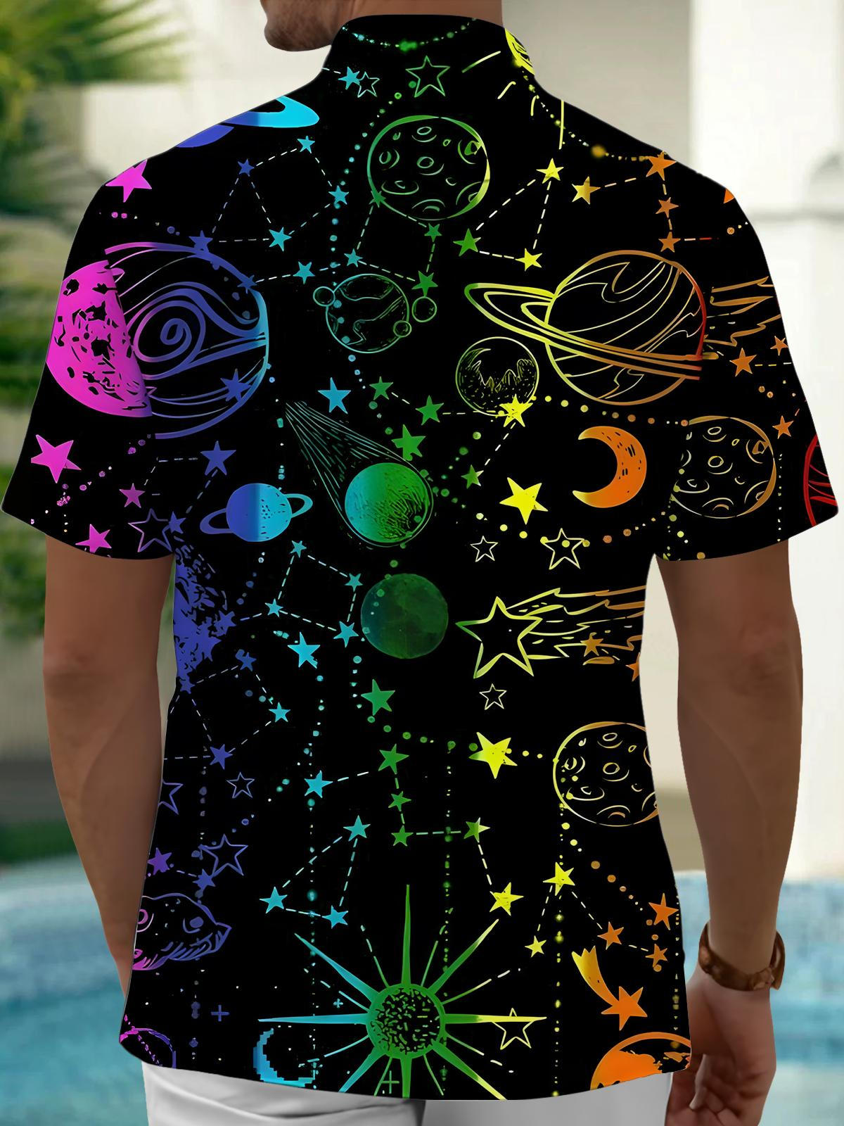 Rainbow Universe Planet Print Men's Pocket Short Sleeve Shirts