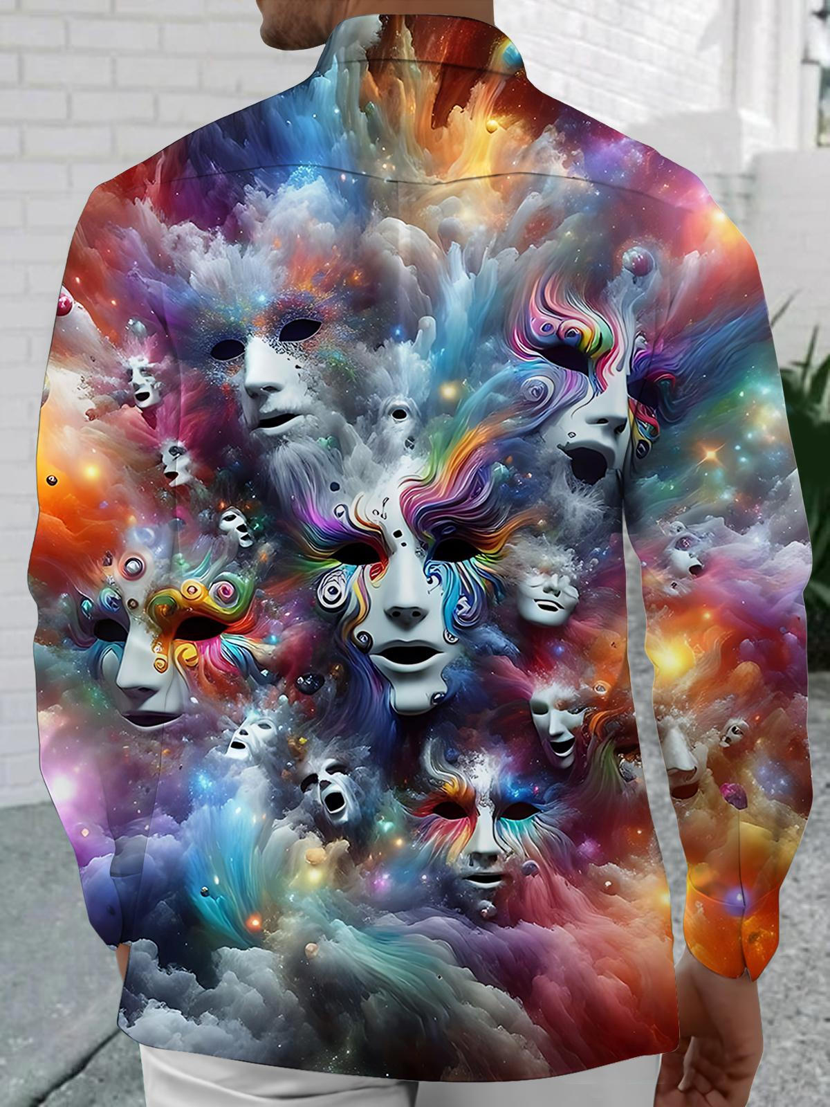 Abstract Human Face Print Men's Pocket Long Sleeve Shirts