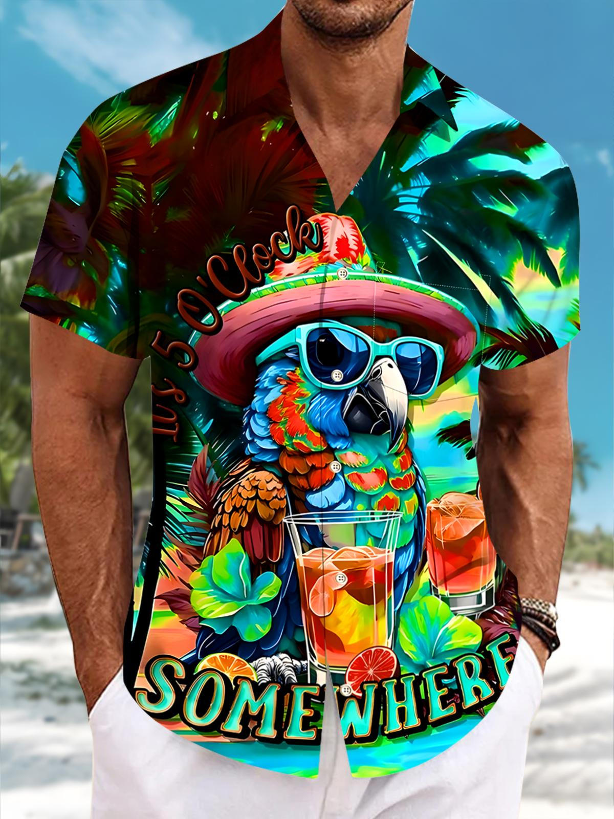 Hawaiian Coconut Tree Parrot Men's Pocket Short Sleeve Shirts