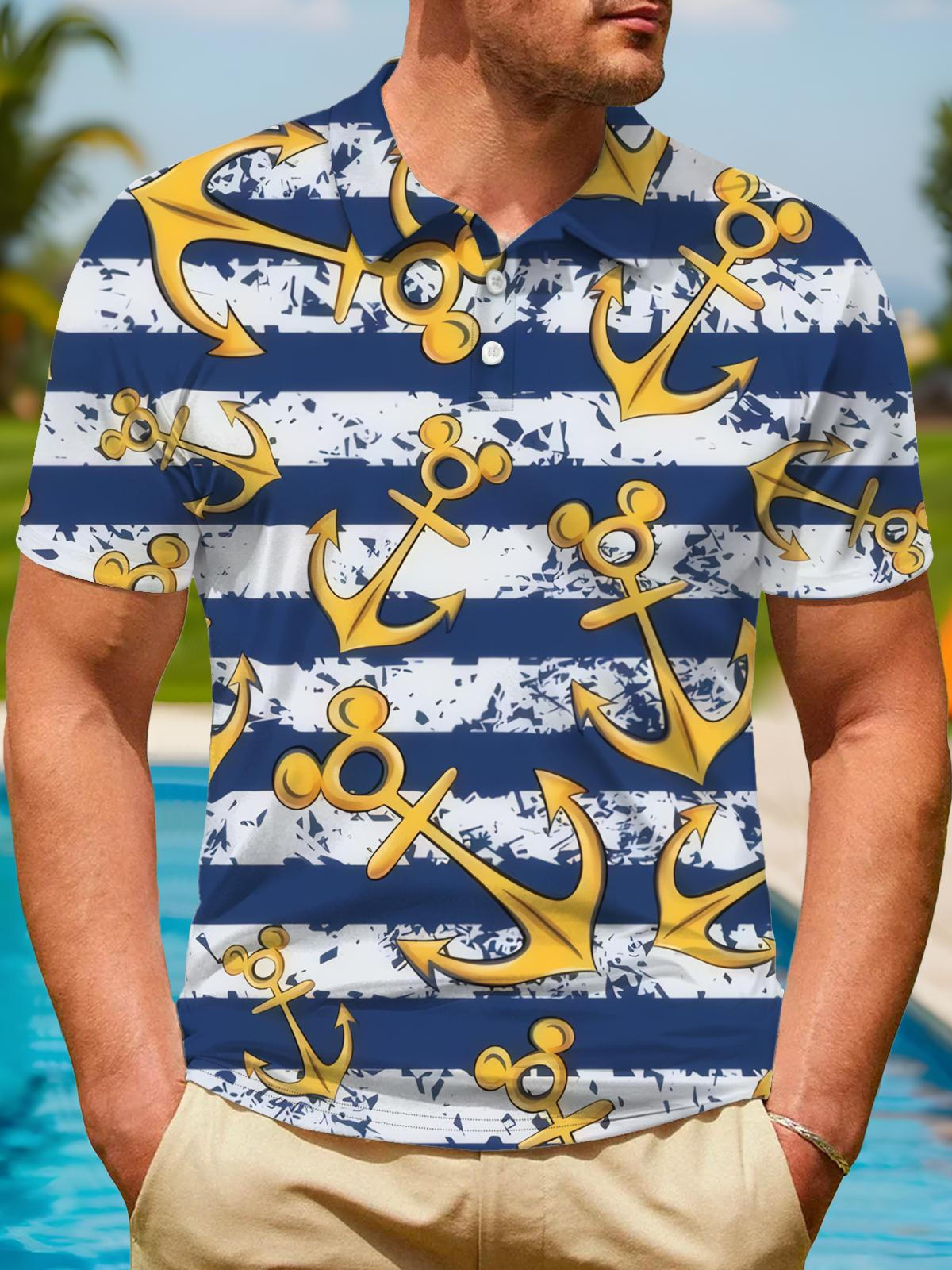 Anchor Stripe Print Men's Short Sleeve Button Polo Shirt