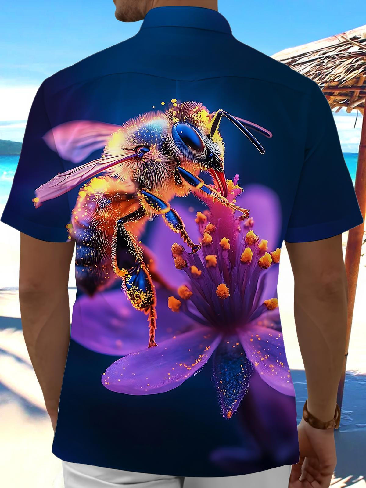 Bee Flower Print Men's Pocket Short Sleeve Shirts