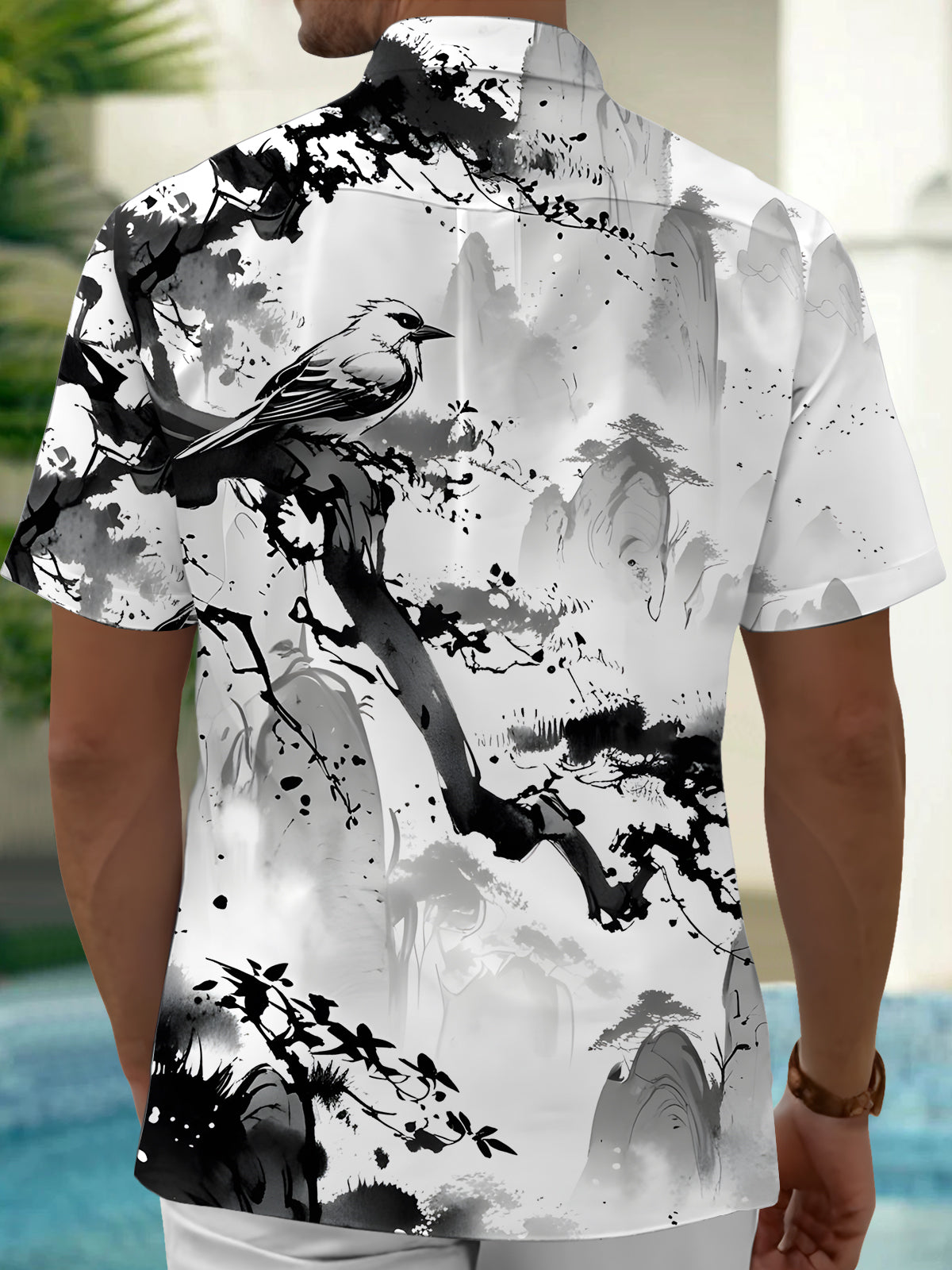 Plant Bird Ink Painting Art Print Men's Pocket Short Sleeve Shirts