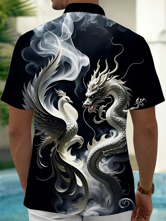 Men's dragon print pocket short sleeve shirt back view