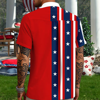 Men's short sleeve Hawaiian American flag print shirt at a backyard barbecue for Independence Day