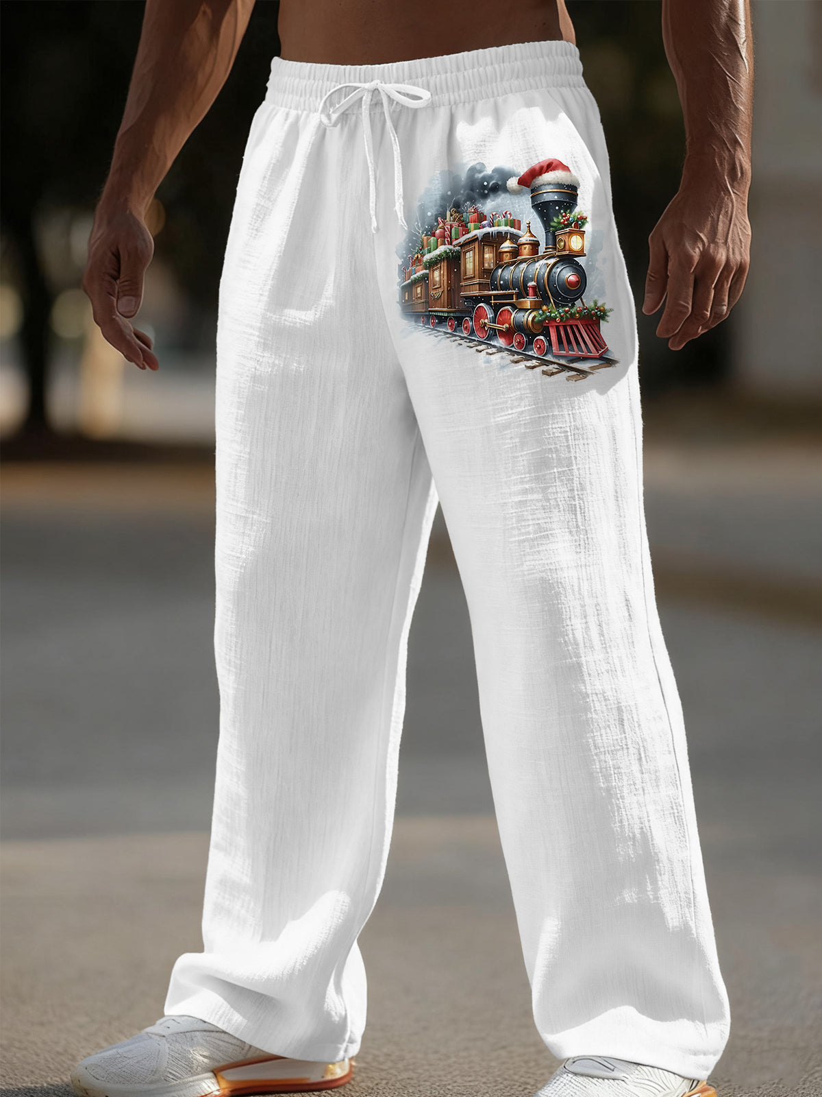 Christmas Train Print Men's Casual Elastic Waist Pants