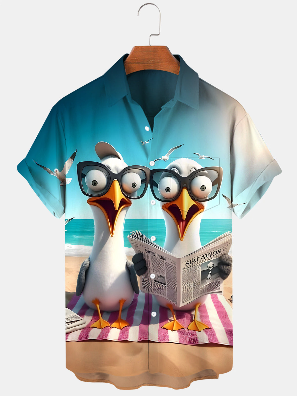 Funny Seagull Read Newspapers Men's Pocket Short Sleeve Shirts