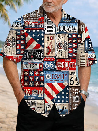 Men's American License Plate Print Pocket Short Sleeve Shirt Front View Independence Day