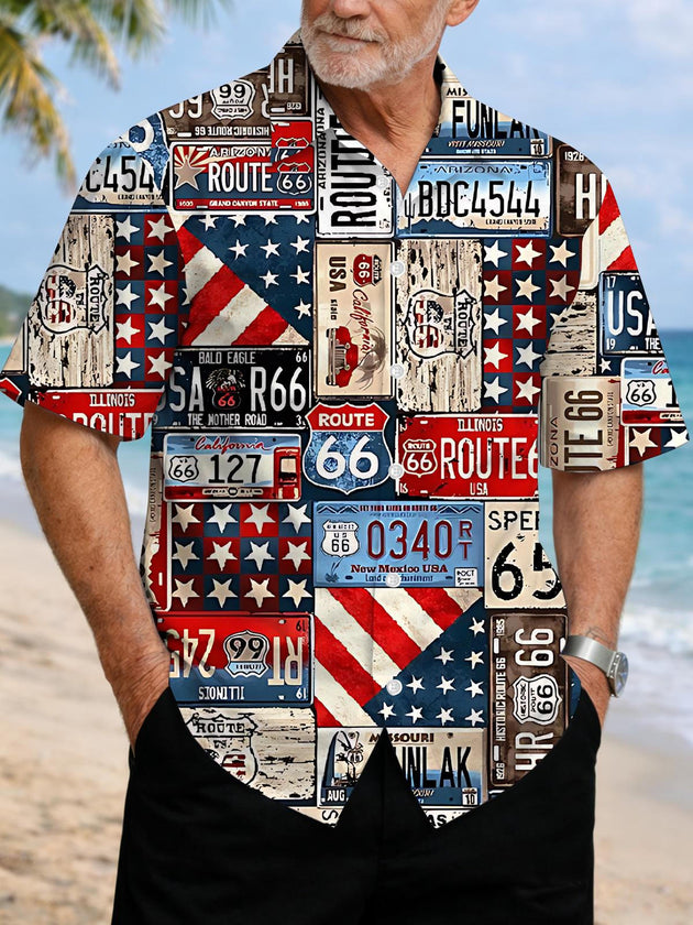 Men's American License Plate Print Pocket Short Sleeve Shirt Front View Independence Day