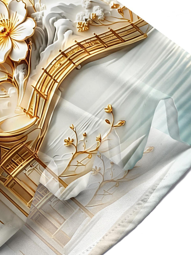 3D Art Gilded Lighthouse Lotus Landscape Pavilion Scenery Men's Pocket Short Sleeve Shirts