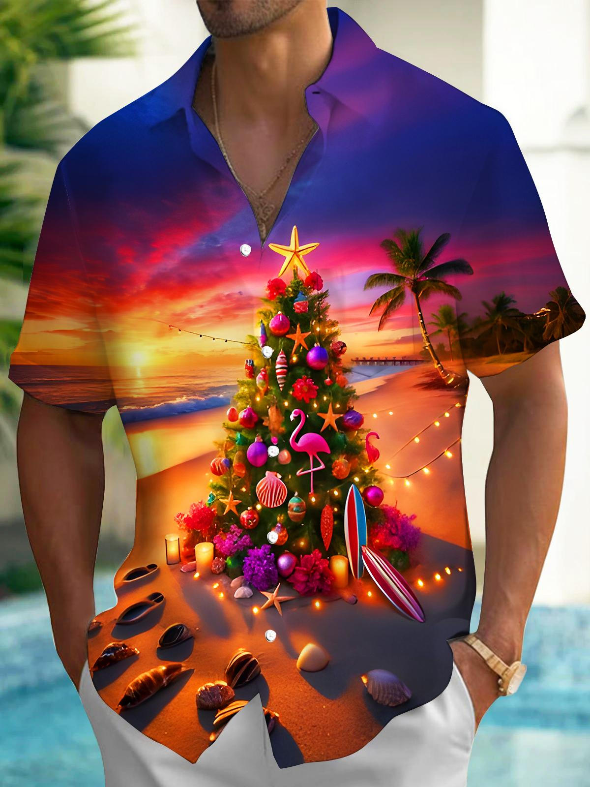 Hawaiian Coconut Trees Christmas Trees Flamingos Sunset Beach Xmas Men's Pocket Short Sleeve Shirts