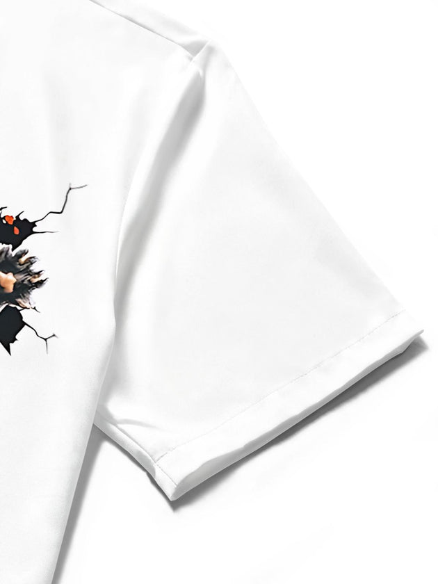 Men's cat print short sleeve shirt close-up fabric texture