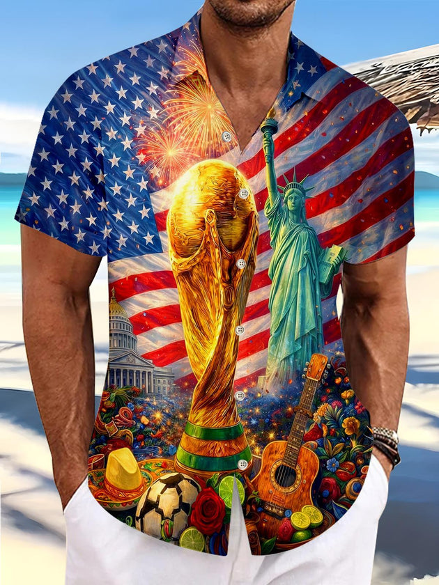 World Cup USA Independence Day Statue Of Liberty Guitar Men's Pocket Short Sleeve Shirts