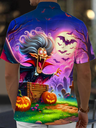 Men's black Halloween ghost pumpkin bat print short sleeve shirt back view