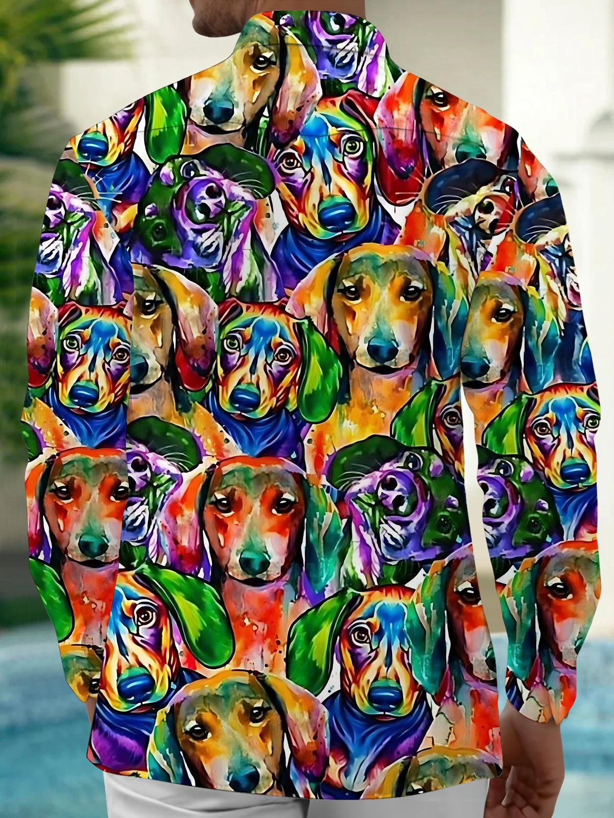 Watercolor Dachshund Print Men's Pocket Long Sleeve Shirts