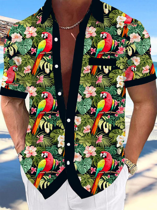 Men's Botanical Parrot Print Pocket Short Sleeve Shirt Front View