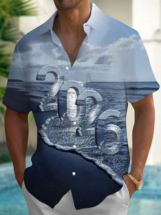 Men's Seawater Print Pocket Short Sleeve Shirt Front View