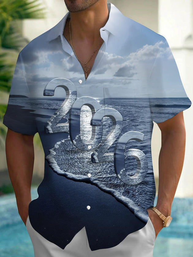 Men's Seawater Print Pocket Short Sleeve Shirt Front View