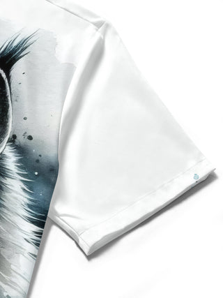 Men's cat print pocket short sleeve shirt close-up detail of fabric texture and stitching