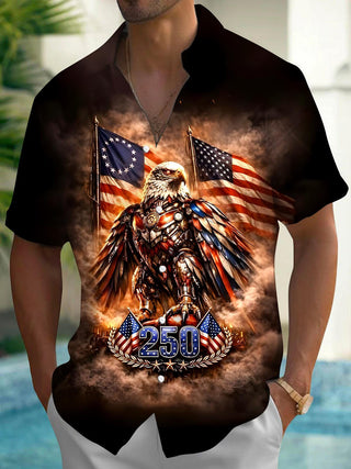 Men retro eagle American flag print short sleeve shirt front view Independence Day