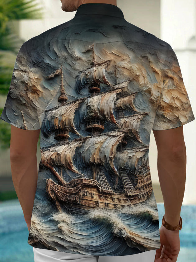 Men's boat print pocket short sleeve shirt back view