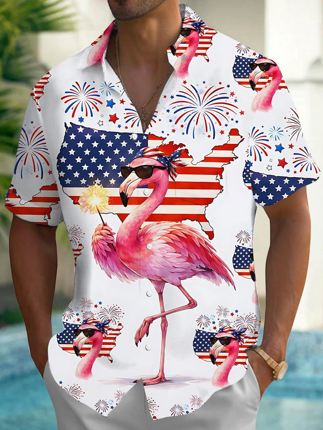 men's flamingo print shirt front view Independence Day