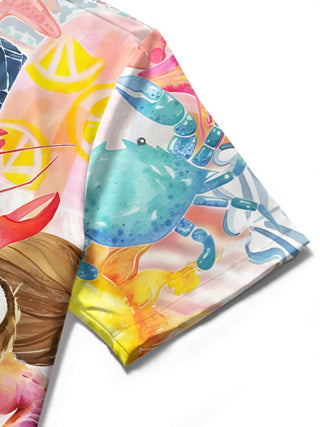 Men's tropical marine life print pocket short sleeve shirt close-up detail view