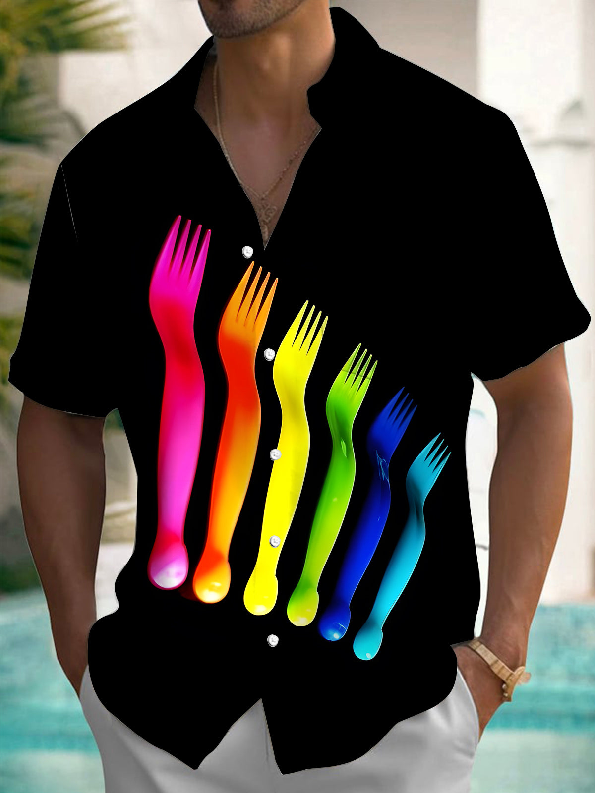 Colorful Fork Print Men's Pocket Short Sleeve Shirts