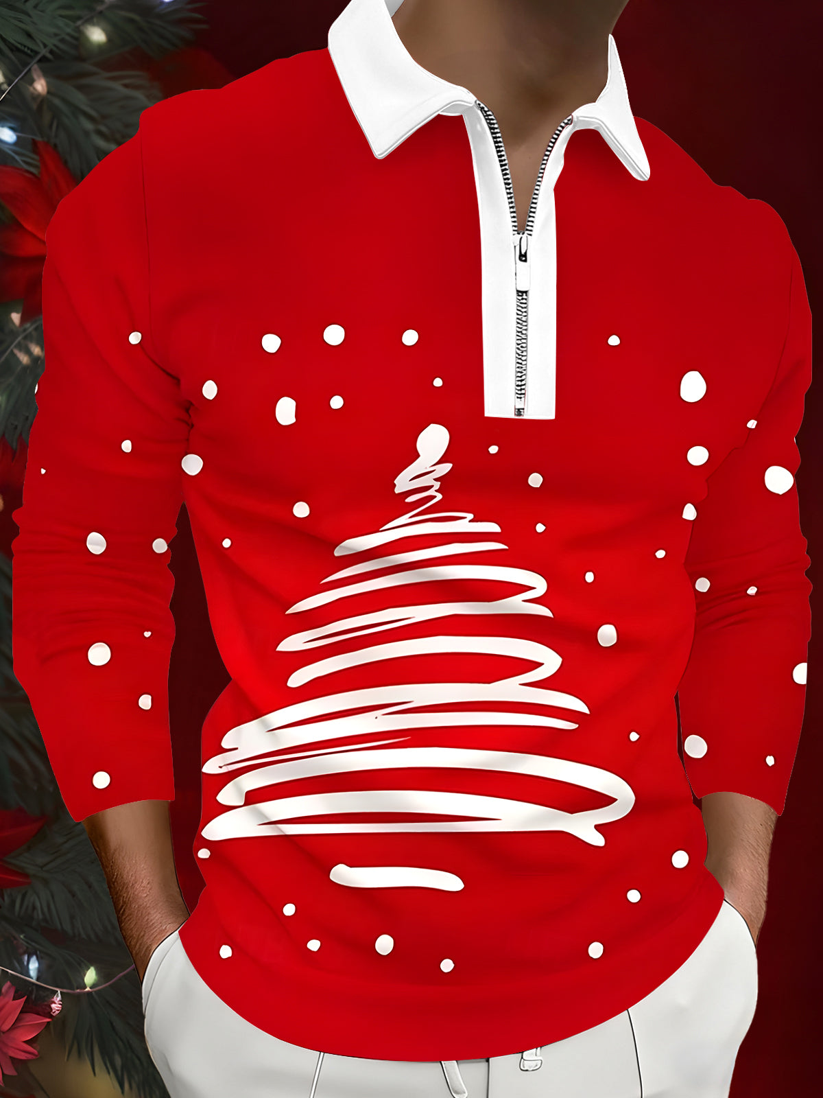 Christmas Tree Men's Long Sleeve Zipper Polo