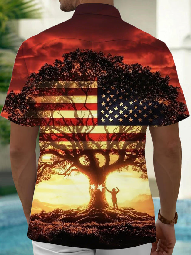 Men's patriotic American flag print short sleeve shirt back view