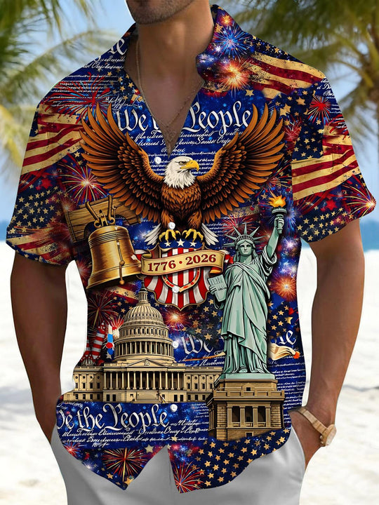 Men's American eagle print short sleeve shirt front view for Independence Day