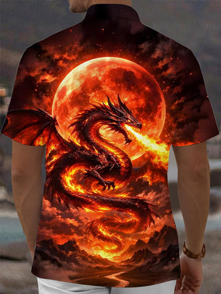 Men's black dragon print short sleeve shirt back view