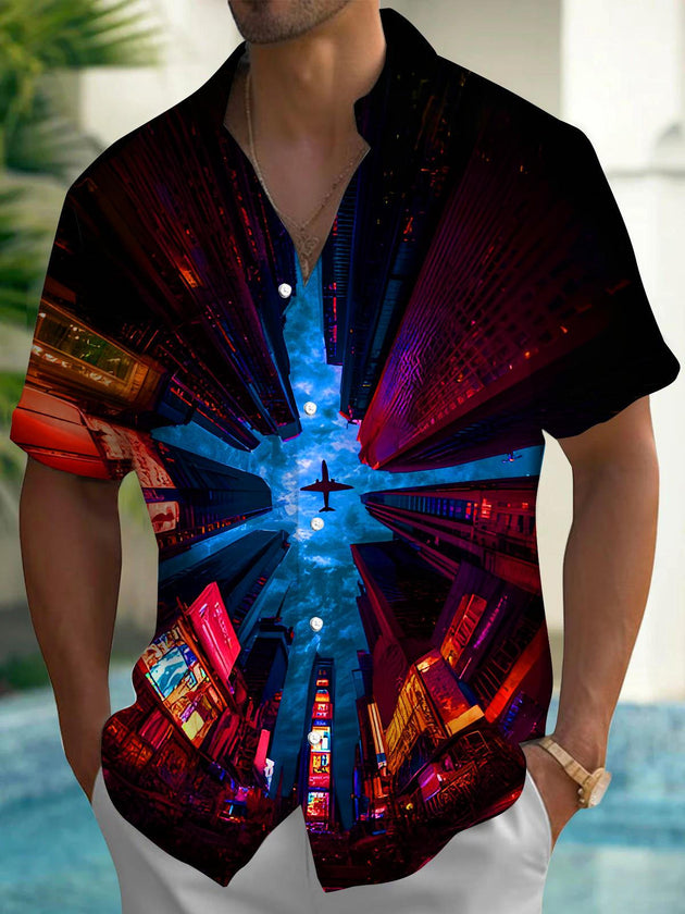 men's short sleeve shirt with airplane fly over buildings pattern front view