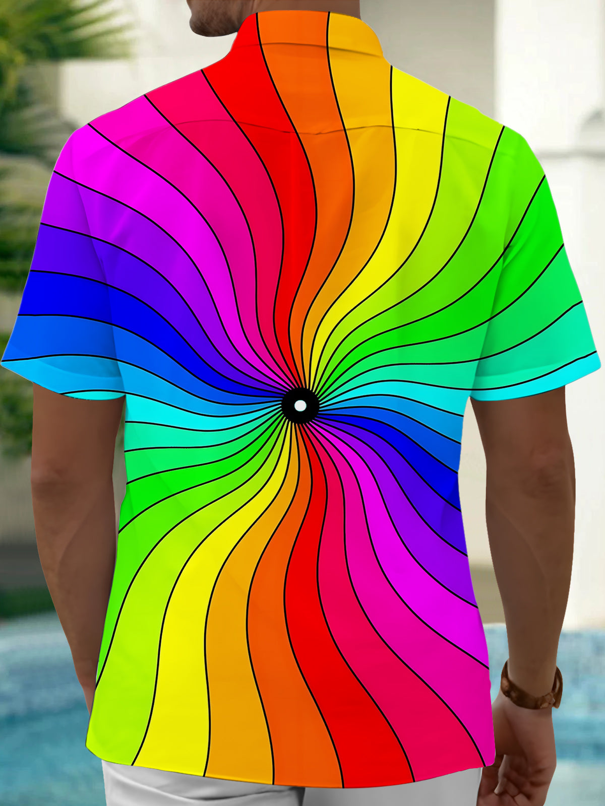 Rainbow Line Print Men's Pocket Short Sleeve Shirts