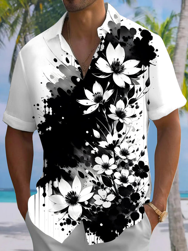 Men's floral short sleeve Hawaiian shirt front view for tropical beach vacation