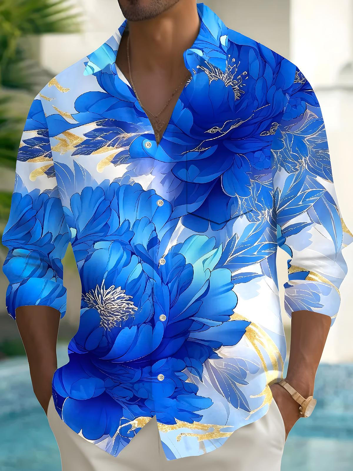 Floral Men's Pocket Long Sleeve Shirts