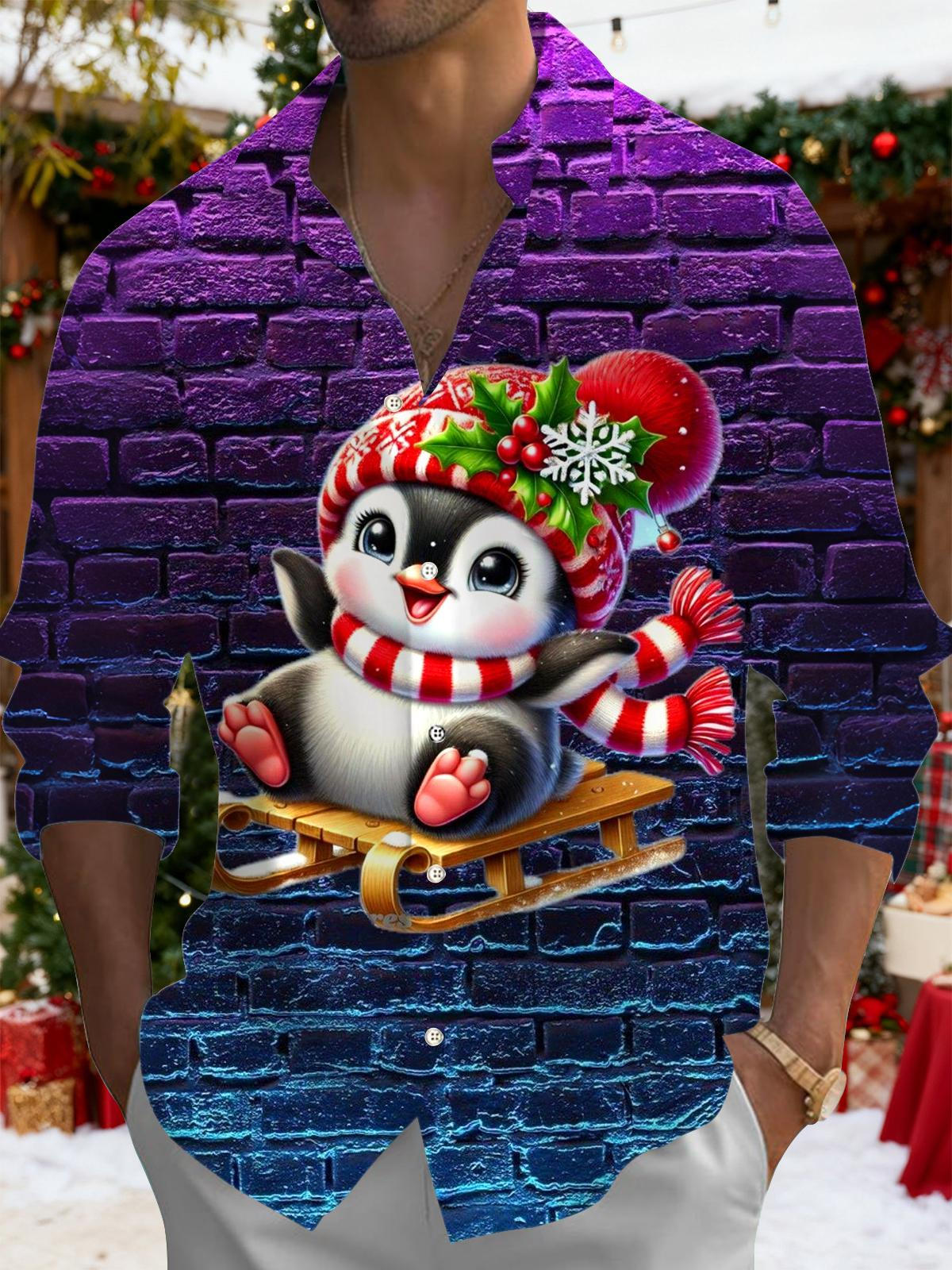 Christmas Penguin Print Men's Pocket Long Sleeve Shirts